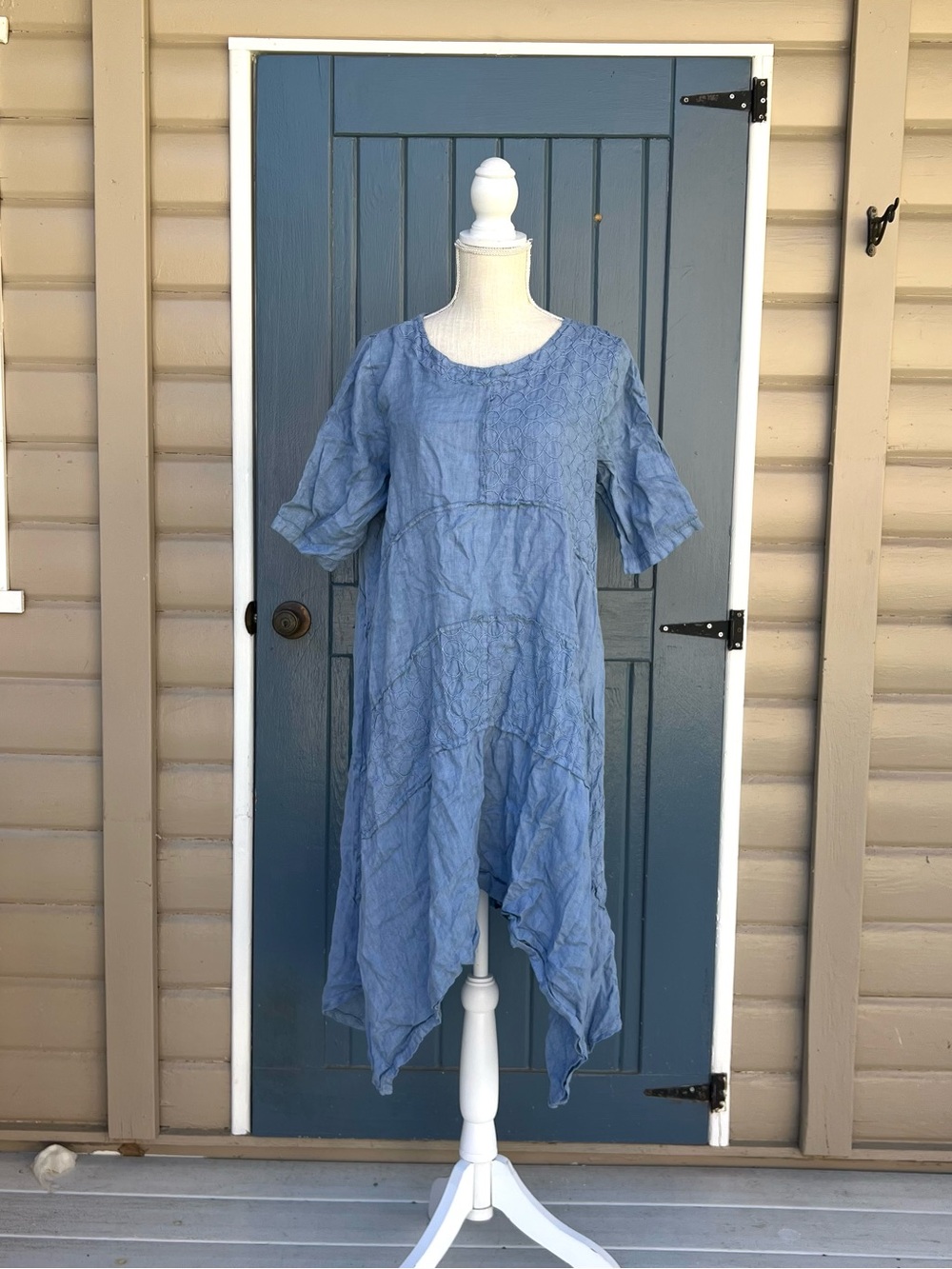 Puro Lino Italian Blue Linen Asymmetrical Midi Dress Relaxed Boho Size Medium